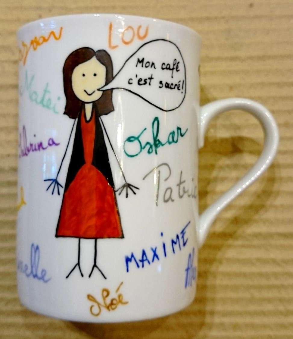 Mug Anglais en porcelaine personnalisé par les prénoms des enfants et par la maîtresse d'école
