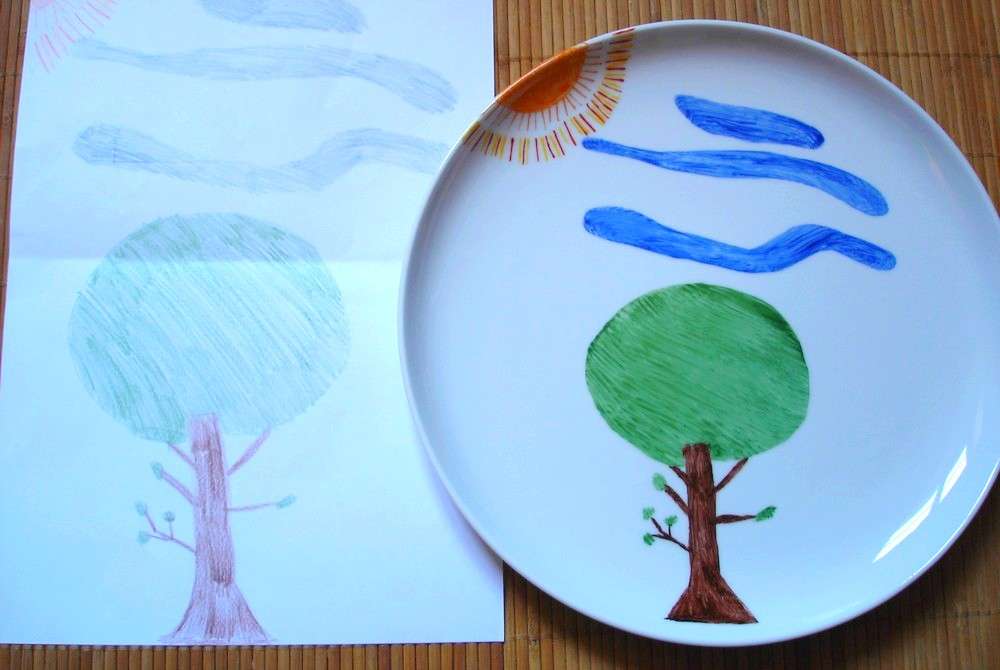 Assiette plate Elysée en porcelaine personnalisée d'après le dessin d'un enfant.